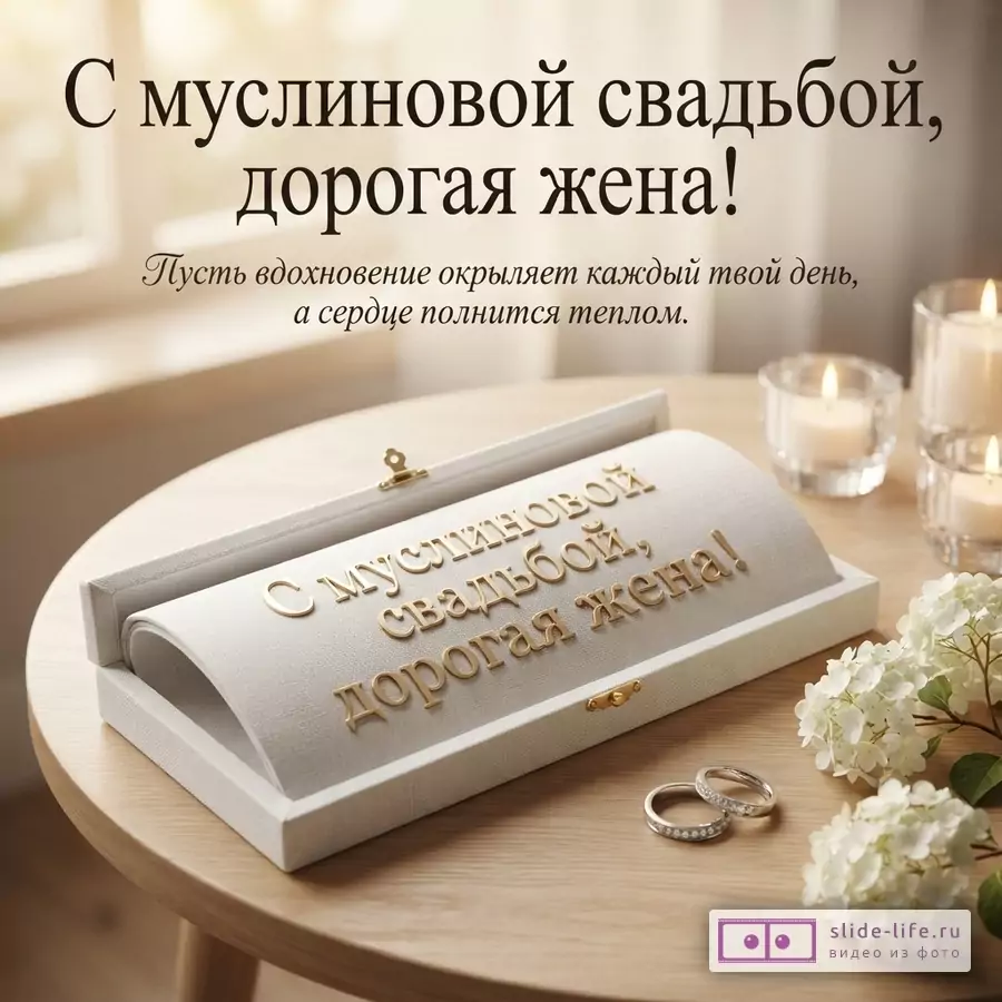 Открытка с бежевым фоном, на которой золотыми буквами написано «С муслиновой свадьбой, дорогая жена! Пусть вдохновение окрыляет каждый твой день, а сердце полнится теплом.». На переднем плане белая шкатулка с надписью «С муслиновой свадьбой, дорогая жена!», два кольца и белые цветы.