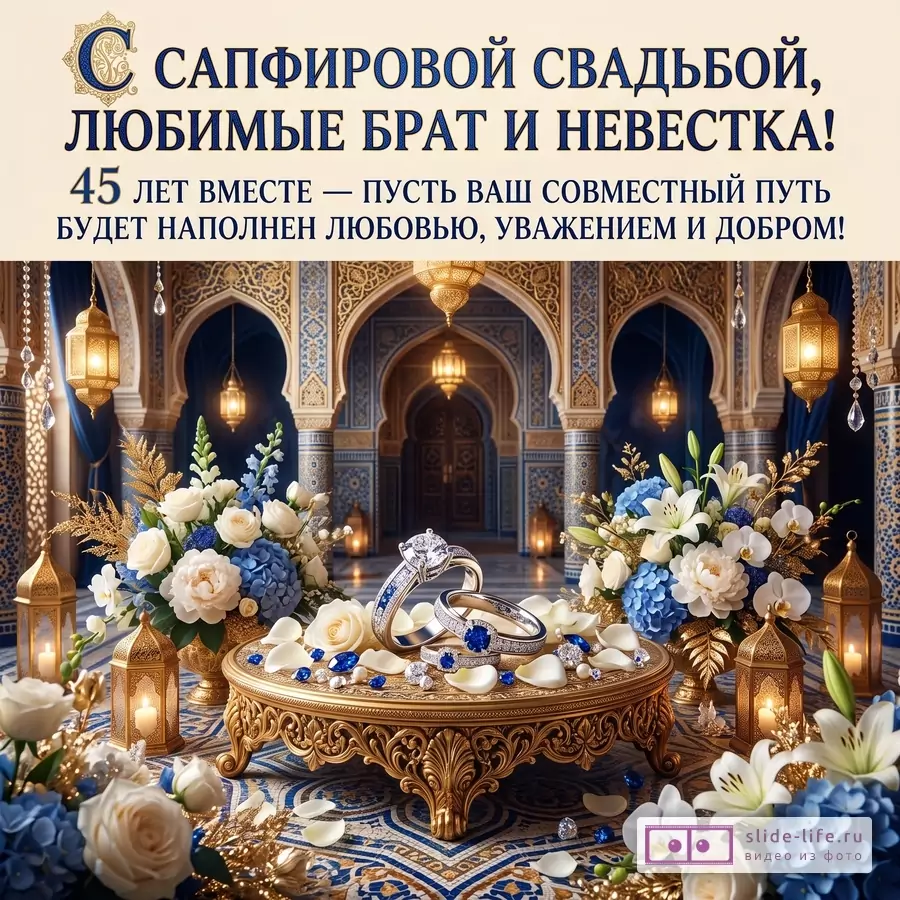 Бежево-синий фон, восточный зал с арками, фонарями и цветами, кольца и лепестки. Текст: «С САПФИРОВОЙ СВАДЬБОЙ, ЛЮБИМЫЕ БРАТ И НЕВЕСТКА! 45 ЛЕТ ВМЕСТЕ — ПУСТЬ ВАШ СОВМЕСТНЫЙ ПУТЬ БУДЕТ НАПОЛНЕН ЛЮБОВЬЮ, УВАЖЕНИЕМ И ДОБРОМ!»