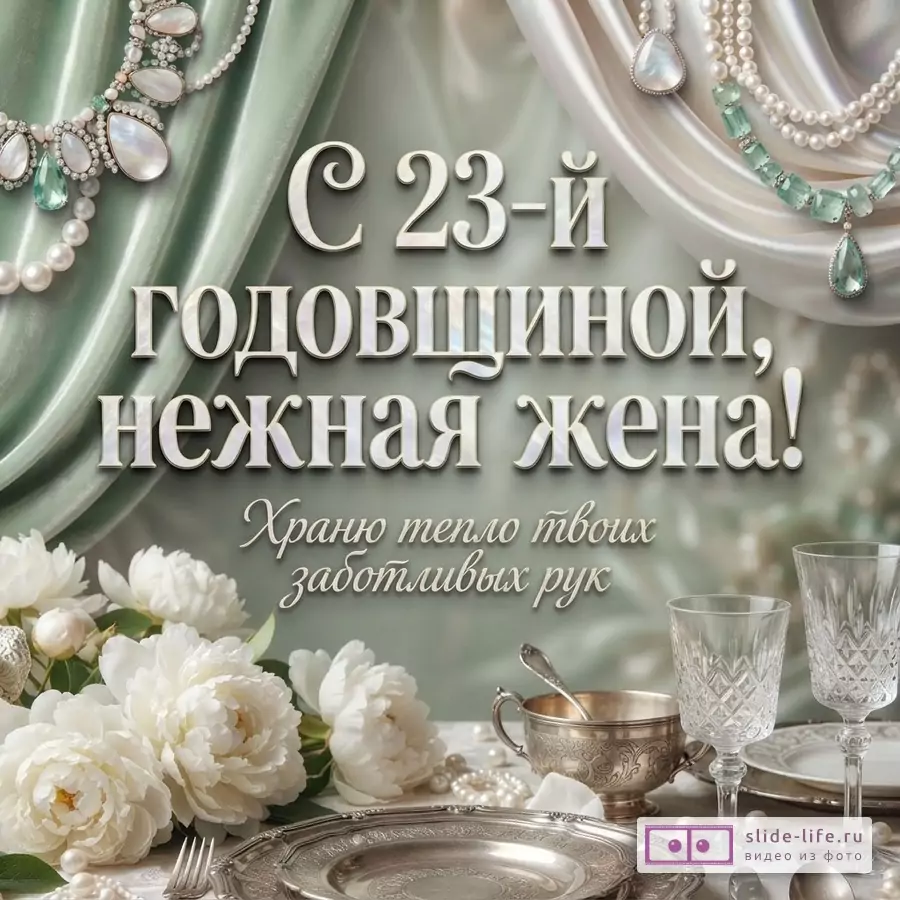 Праздничный стол с белыми пионами, хрустальными бокалами, драпировкой и колье с бериллами, надпись: «С 23-й годовщиной, нежная жена! Храню тепло твоих заботливых рук».