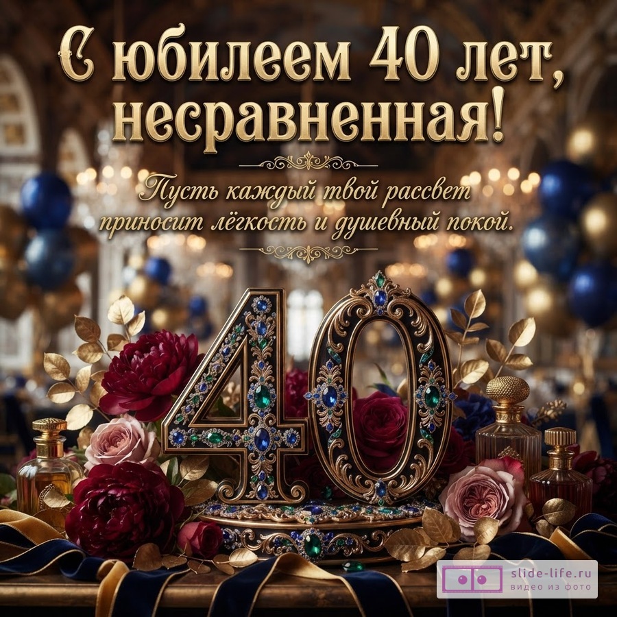 Открытка с золотым фоном, цифры «40» украшены драгоценными камнями, вокруг бордовые и розовые розы, золотые листья, синие ленты, флаконы духов. Текст: «С юбилеем 40 лет, несравненная! Пусть каждый твой рассвет приносит лёгкость и душевный покой.»