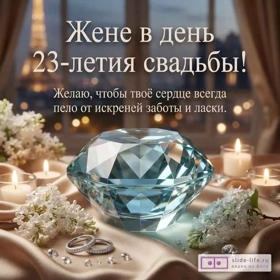 Ограненный берилл, обручальные кольца, свечи и белая сирень на шелке с надписью «Жене в день 23-летия свадьбы! Желаю, чтобы твоё сердце всегда пело от искреней заботы и ласки.»