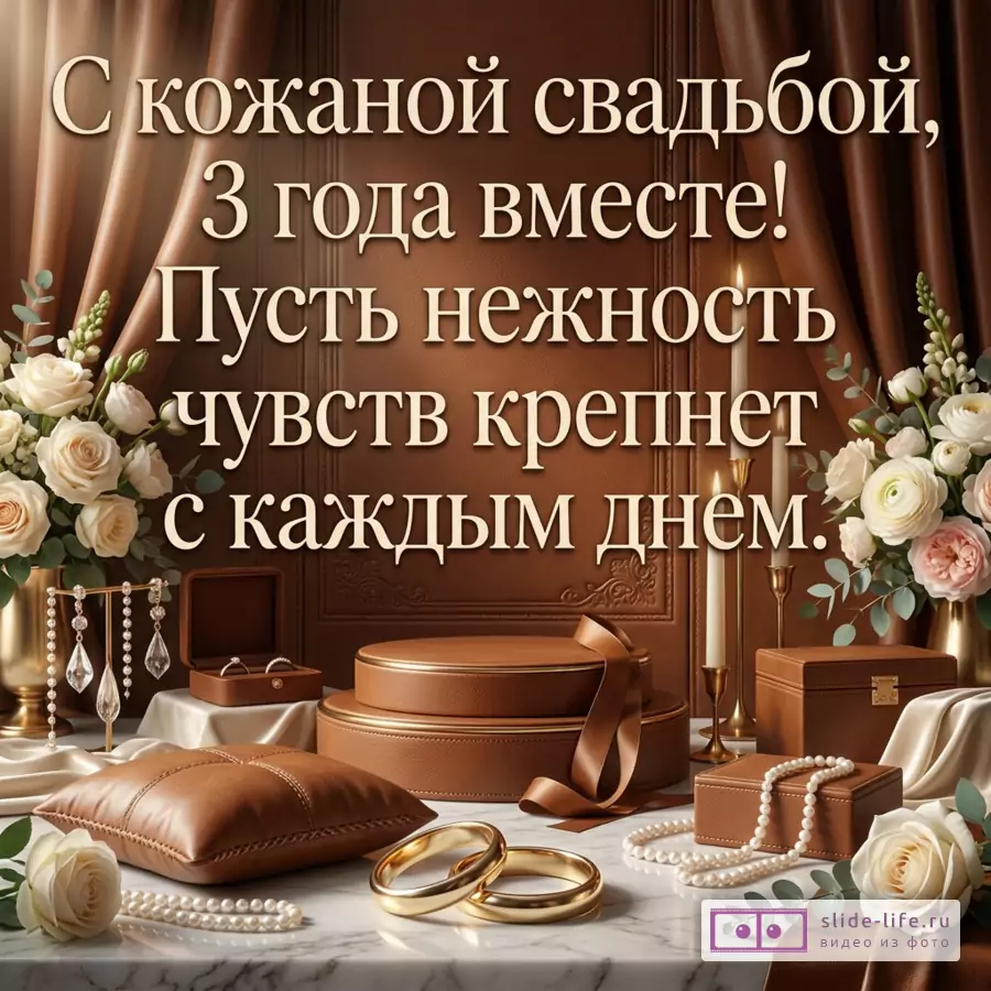 Коричневый фон с кожаной фактурой и драпировкой, кремовые розы, свечи, подарочные коробки, кольца, жемчуг, текст «С кожаной свадьбой, 3 года вместе! Пусть нежность чувств крепнет с каждым днем.»