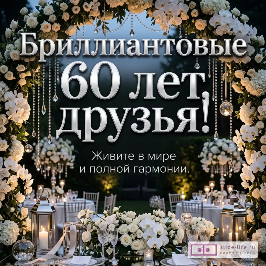 Белые цветы, арка с подвесными кристаллами, вечерняя свадебная сервировка, фонари и свечи на темном фоне, текст «Бриллиантовые 60 лет, друзья! Живите в мире и полной гармонии.»