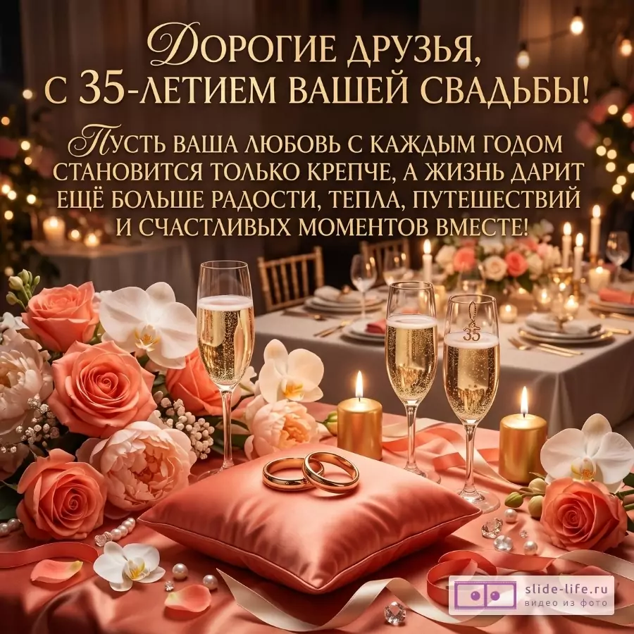 Теплая розово-золотая открытка: стол с цветами, свечами, бокалами шампанского и кольцами; текст «Дорогие друзья, с 35-летием вашей свадьбы!»