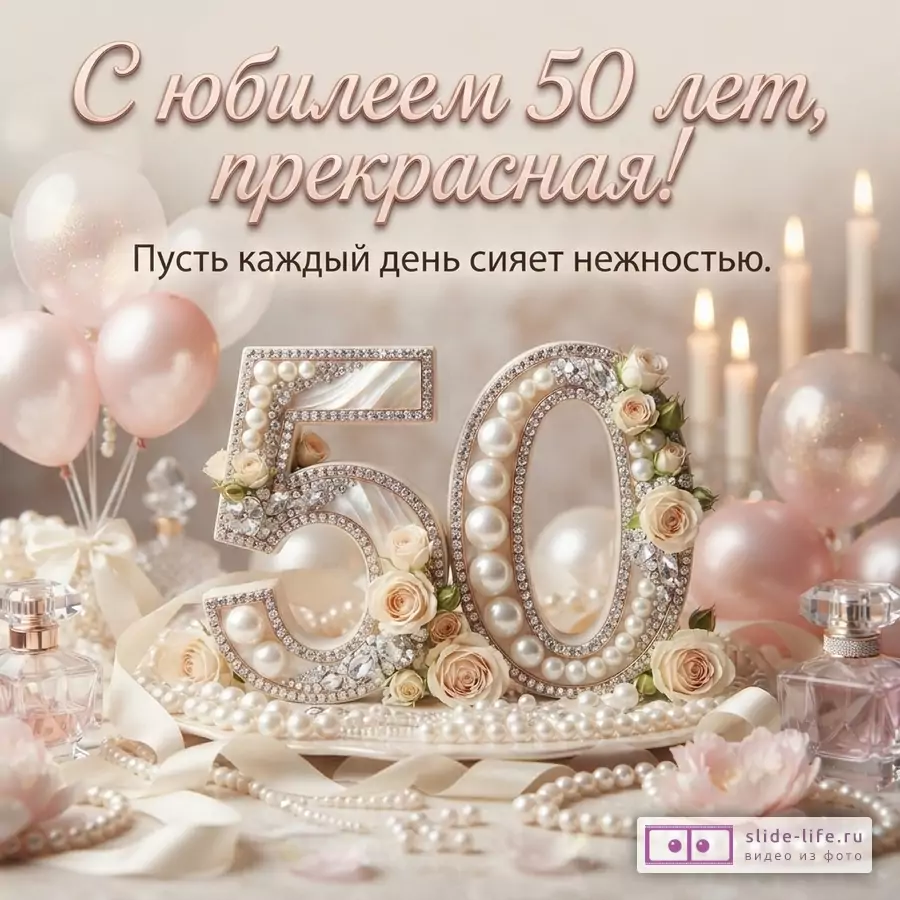 Открытка с бежевым фоном, розовыми и белыми воздушными шарами. В центре крупные цифры «50», украшенные жемчугом и стразами. Ниже текст «прекрасная!» и «Пусть каждый день сияет нежностью».