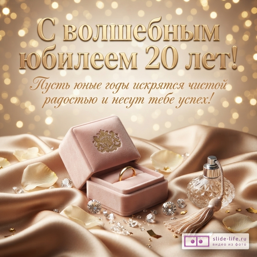 Золотистый фон с боке, сверху текст золотыми буквами «С волшебным юбилеем 20 лет! Пусть юные годы искрятся чистой радостью и несут тебе успех!». Внизу розовая бархатная коробочка с золотым кольцом, флакон духов с кисточкой, лепестки и кристаллы на атласной ткани.