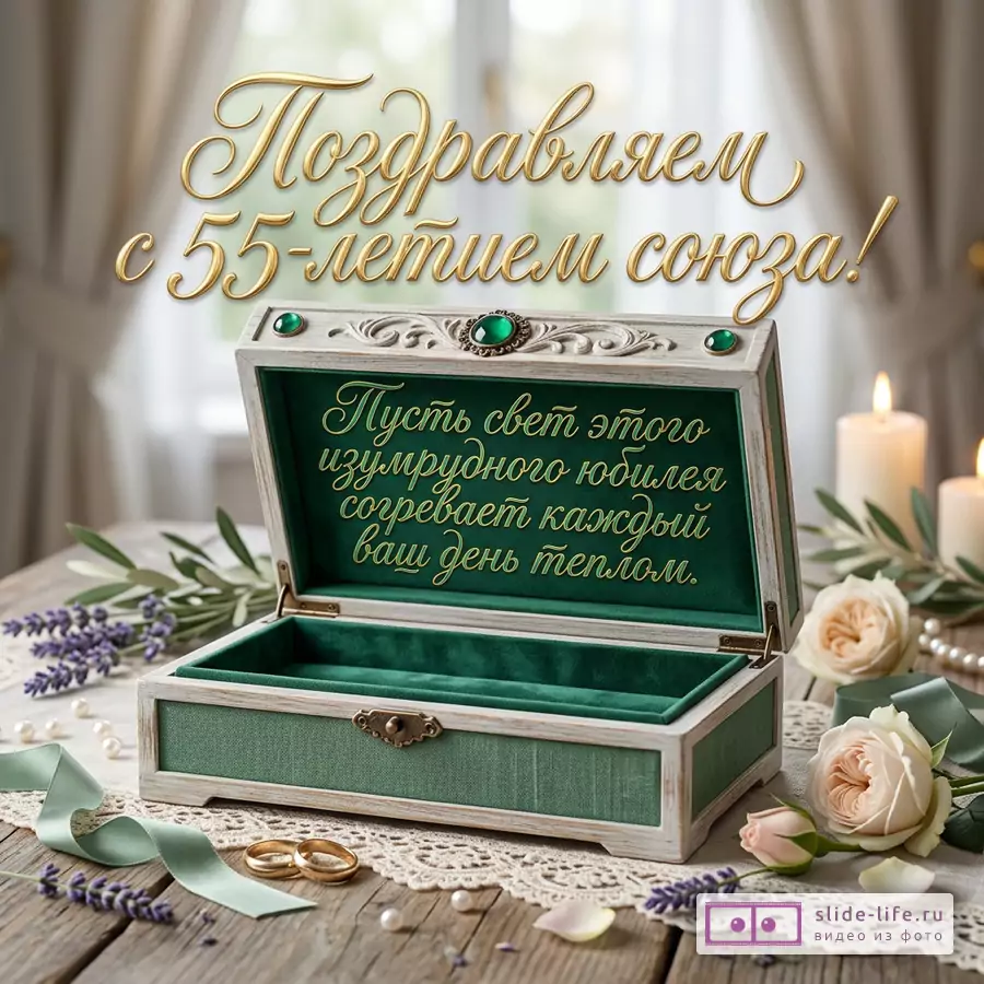 Открытка с деревянной шкатулкой с зеленой бархатной отделкой, золотыми кольцами, свечами, розами, лавандой, жемчугом, бежевым фоном и текстом «Поздравляем с 55-летием союза!»