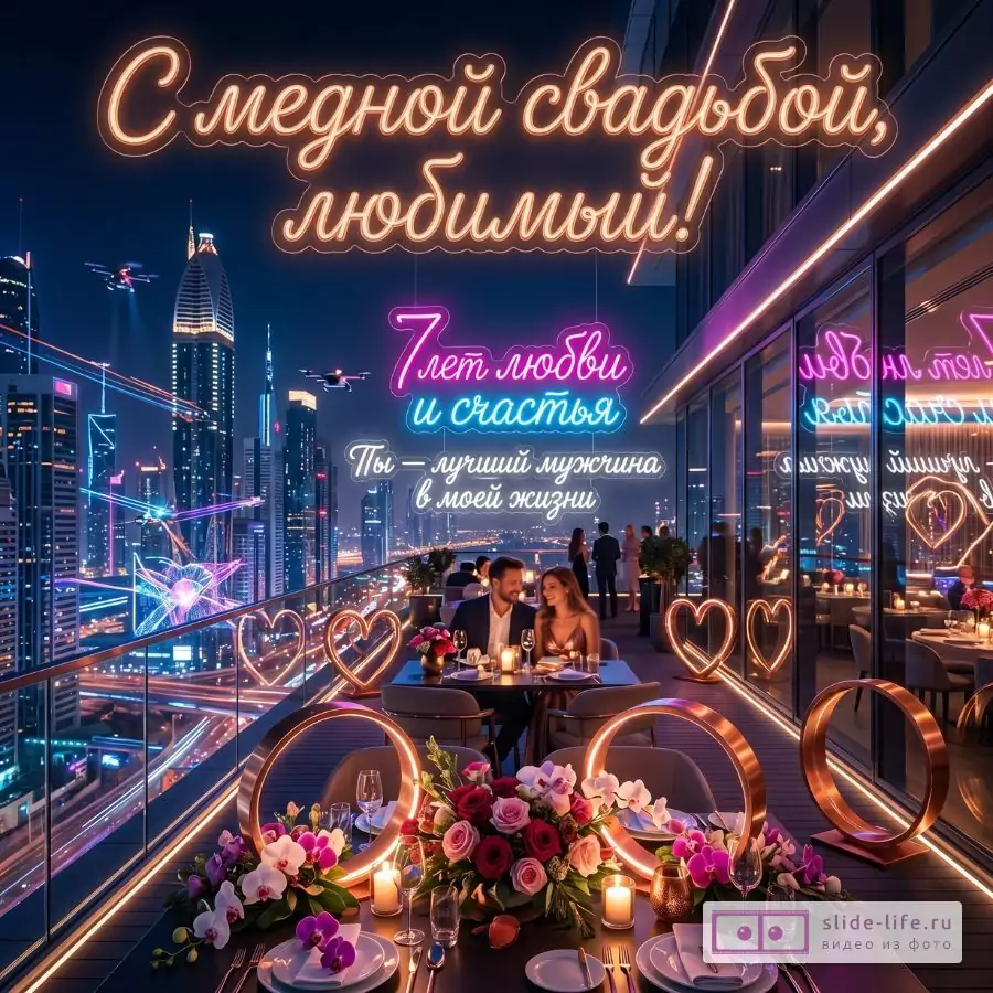 С 7 годами свадьбы, любимый муж! Романтическая открытка с медной свадьбой и признанием в любви