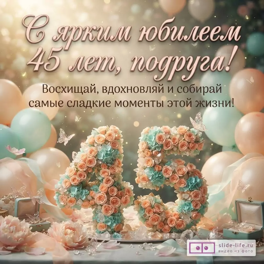 Открытка с фоном из воздушных шаров персикового и мятного цвета, на переднем плане цифры «45» из персиковых и мятных роз, бабочки. Текст: «С ярким юбилеем 45 лет, подруга! Восхищай, вдохновляй и собирай самые сладкие моменты этой жизни!»