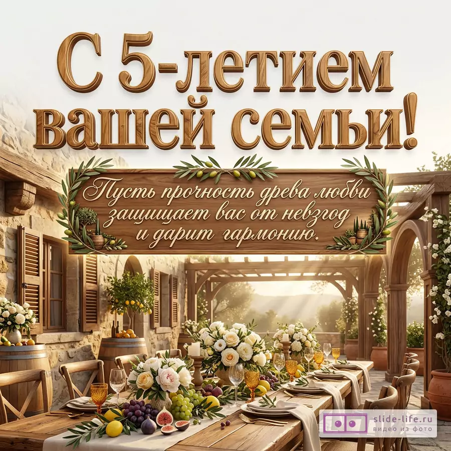 Открытка с деревянным текстом «С 5-летием вашей семьи!» и «Пусть прочность древа любви защищает вас от невзгод и дарит гармонию.», белый фон, деревянная табличка, стол, цветы, фрукты, терраса