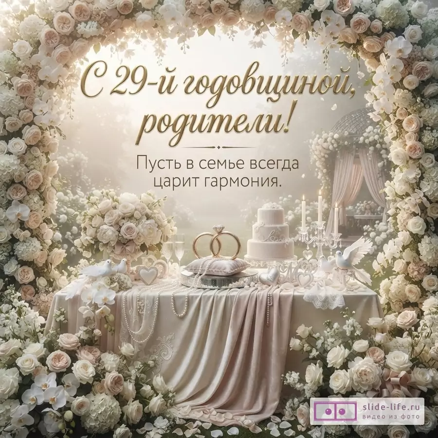 Арка из белых и кремовых роз, на переднем плане стол с белой скатертью, свадебный торт, свечи, обручальные кольца, белые голуби. Текст: «С 29-й годовщиной, родители! Пусть в семье всегда царит гармония.»