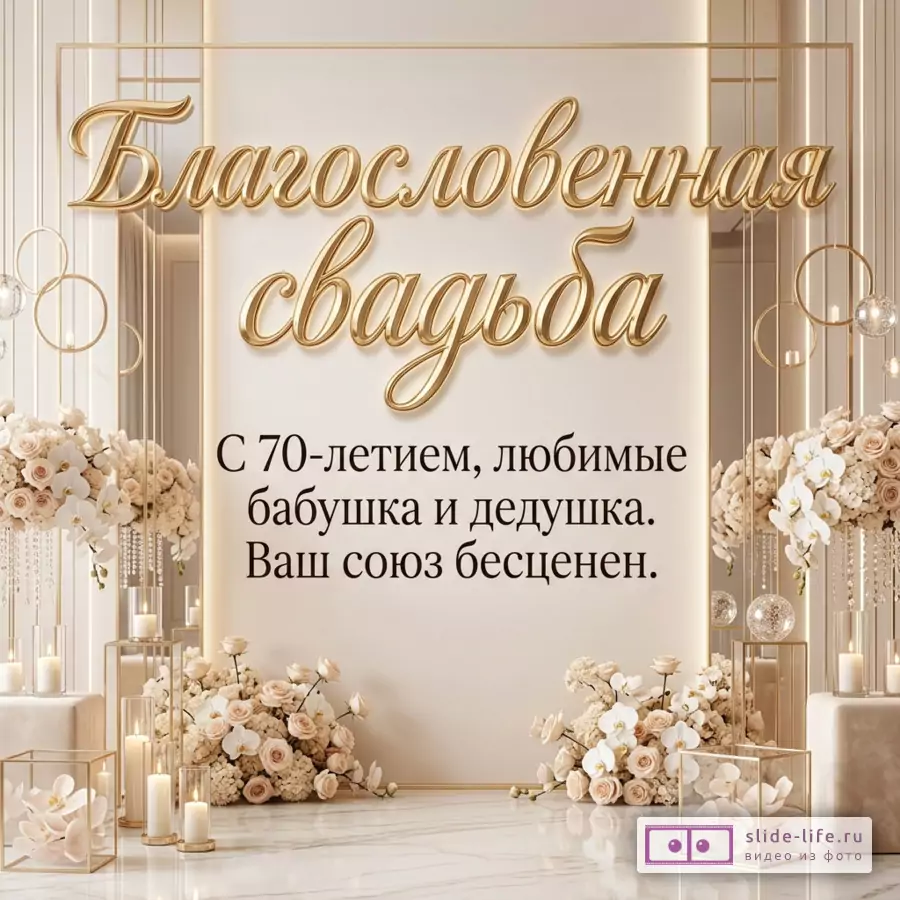 Светлый бежево-золотой фон, декоративная свадебная арка, белые цветы, свечи, золотые линии и текст «Благословенная свадьба С 70-летием, любимые бабушка и дедушка. Ваш союз бесценен.»