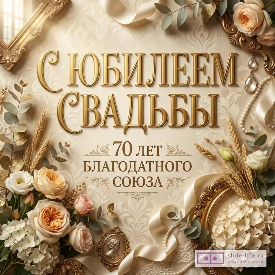 Бежевая открытка с золотым текстом «С ЮБИЛЕЕМ СВАДЬБЫ 70 ЛЕТ БЛАГОДАТНОГО СОЮЗА», цветами, колосьями, лентами, жемчугом и декоративными рамками