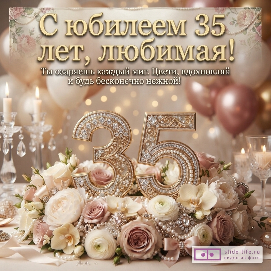 Открытка с бежевым фоном, золотые буквы «С юбилеем 35 лет, любимая! Ты озаряешь каждый миг. Цвети, вдохновляй и будь бесконечно нежной!». Внизу золотые цифры 35 с жемчугом и стразами, окруженные цветами и жемчужными бусами.