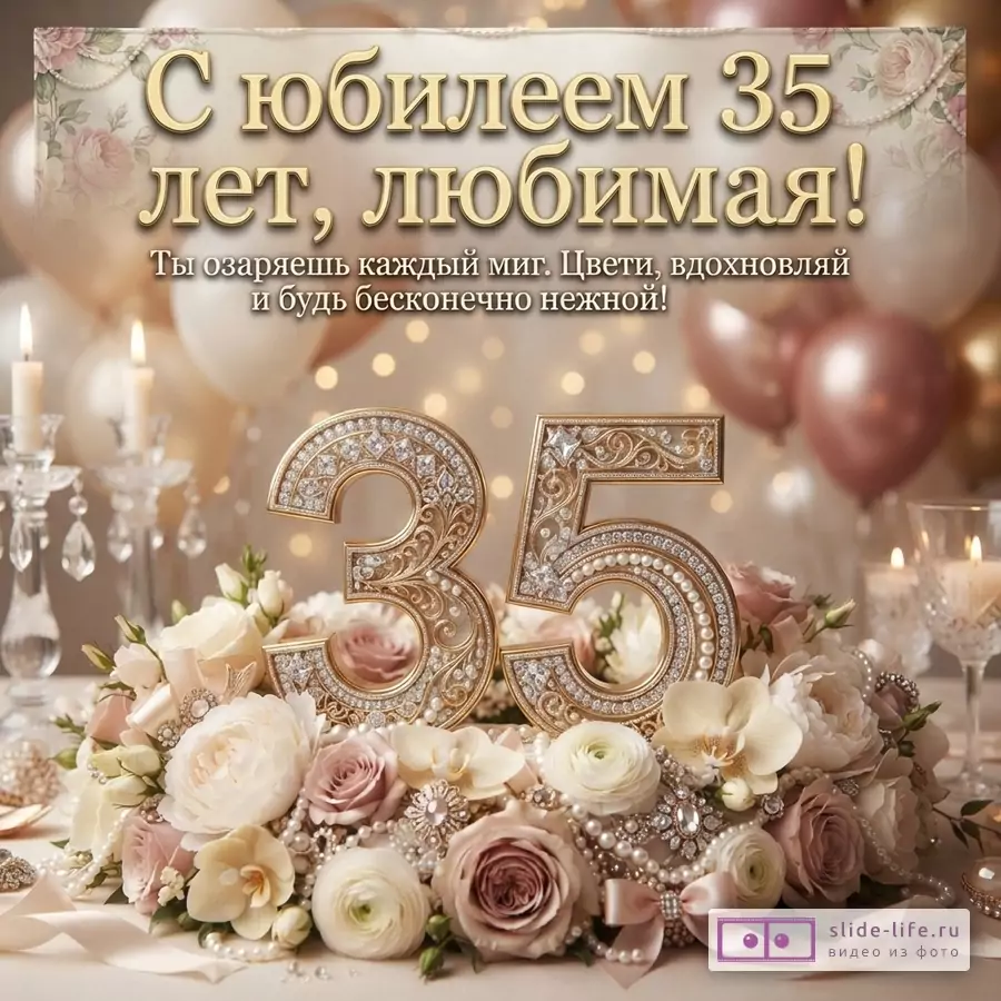 Открытка с бежевым фоном, золотые буквы «С юбилеем 35 лет, любимая! Ты озаряешь каждый миг. Цвети, вдохновляй и будь бесконечно нежной!». Внизу золотые цифры 35 с жемчугом и стразами, окруженные цветами и жемчужными бусами.