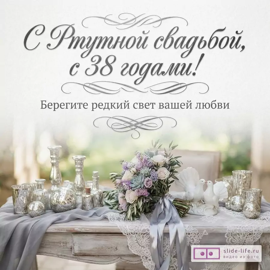 Светлый фон, сверху текст серым цветом «С Ртутной свадьбой, с 38 годами! Берегите редкий свет вашей любви». Внизу столик с букетом цветов, вазами, свечами и двумя белыми голубями.