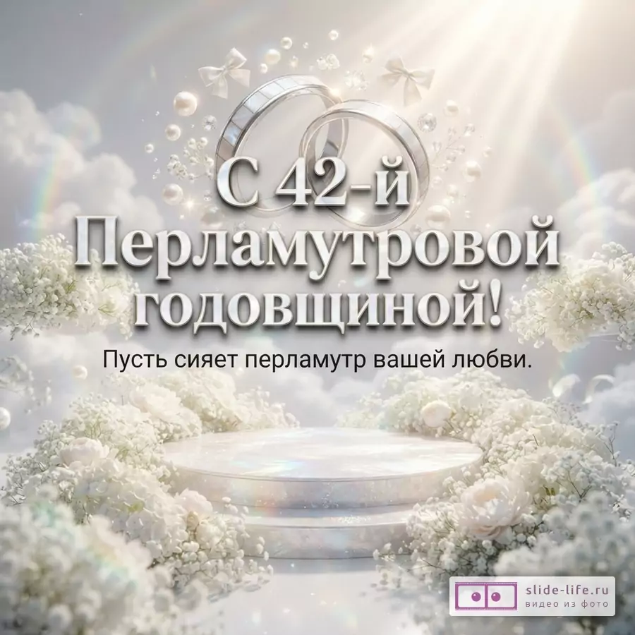 Светлый фон с облаками, обручальные кольца, жемчуг, белые цветы. Текст: «С 42-й Перламутровой Годовщиной! Пусть сияет перламутр вашей любви.»