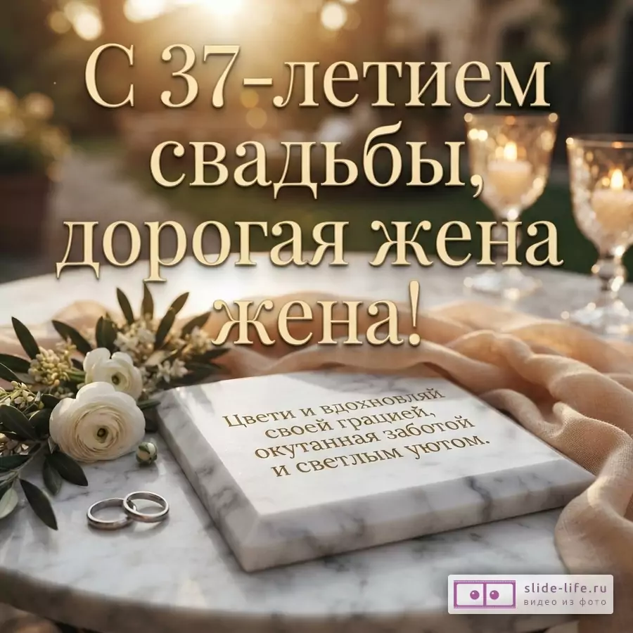 Золотой текст на размытом фоне с солнечными лучами, на переднем плане мраморная плитка с текстом, цветы и обручальные кольца. «С 37-летием свадьбы, дорогая жена! Цвети и вдохновляй своей грацией, окутанная заботой и светлым уютом.»