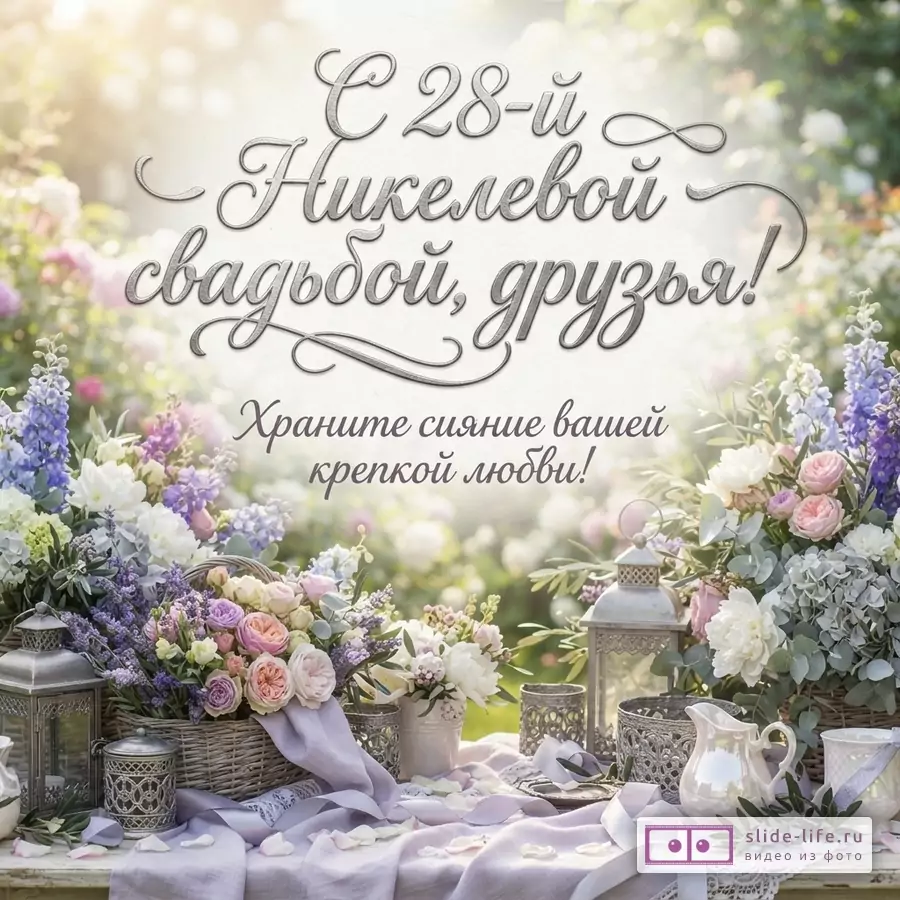 Светлый фон, много цветов, корзины, подсвечники. Текст «С 28-й Никелевой свадьбой, друзья! Храните сияние вашей крепкой любви!»