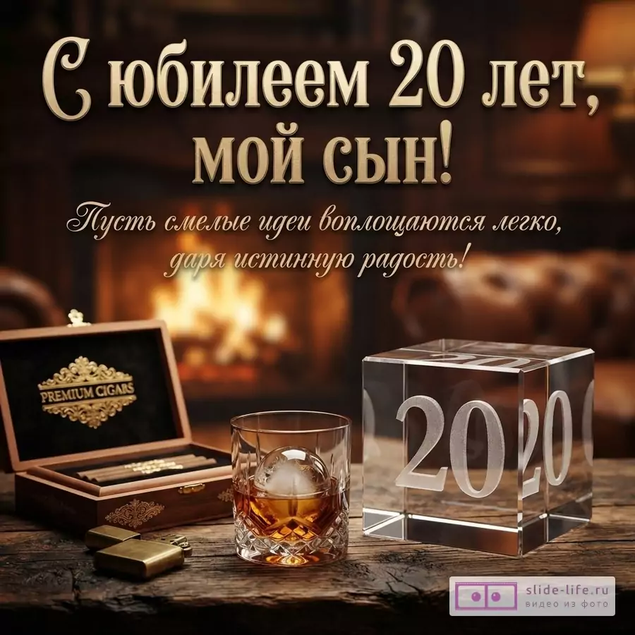 Деревянный стол с бокалом виски, хьюмидором сигар и стеклянным кубом с цифрой 20 на фоне камина, текст: «С юбилеем 20 лет, мой сын! Пусть смелые идеи воплощаются легко, даря истинную радость!»