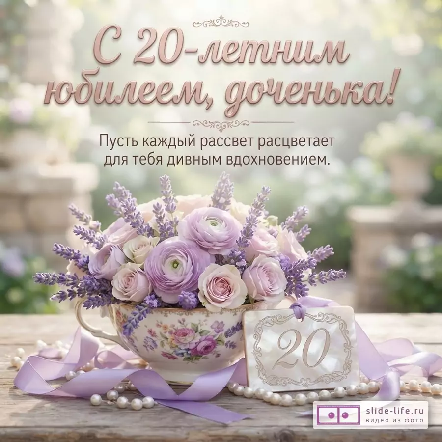 Фарфоровая чашка с розами и лавандой, жемчуг, сиреневая лента и карточка с цифрой 20. Текст: «С 20-летним юбилеем, доченька! Пусть каждый рассвет расцветает для тебя дивным вдохновением.»