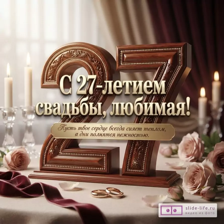 Открытка с 27-летием свадьбы, фон светлый, на переднем плане цифры «27» из красного дерева, свечи, розы, кольца, лента. Текст: «С 27-летием свадьбы, любимая! Пусть твое сердце всегда сияет теплом, а дни полнятся нежностью.»