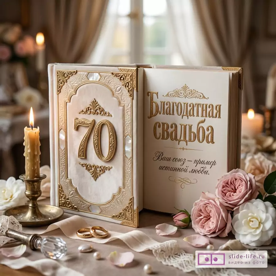 Открытая книга-открытка в кремово-бежевых тонах с золотым тиснением, свечами, кольцами и розами, текст «70», «Благодатная свадьба», «Ваш союз — пример истинной любви.»