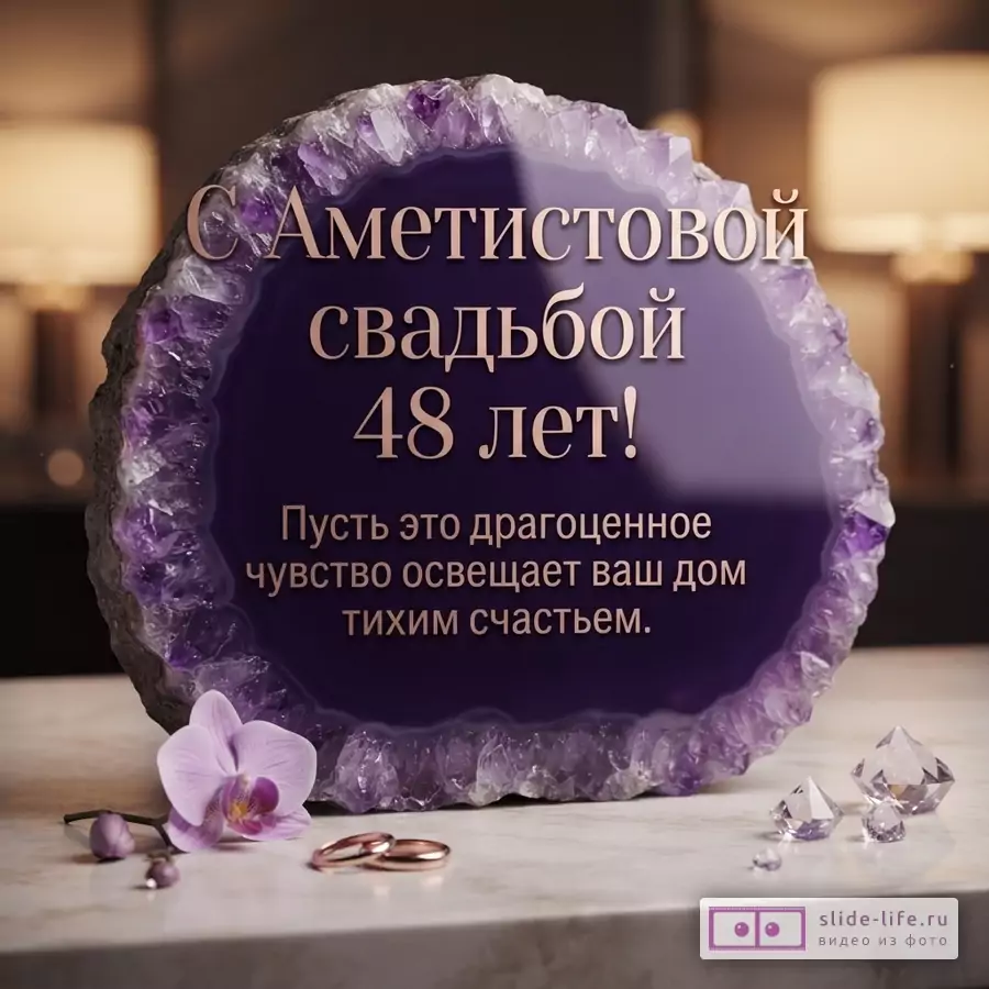 Фиолетовый фон, аметистовый срез камня, текст «С Аметистовой свадьбой 48 лет! Пусть это драгоценное чувство освещает ваш дом тихим счастьем.», орхидея, обручальные кольца, кристаллы.