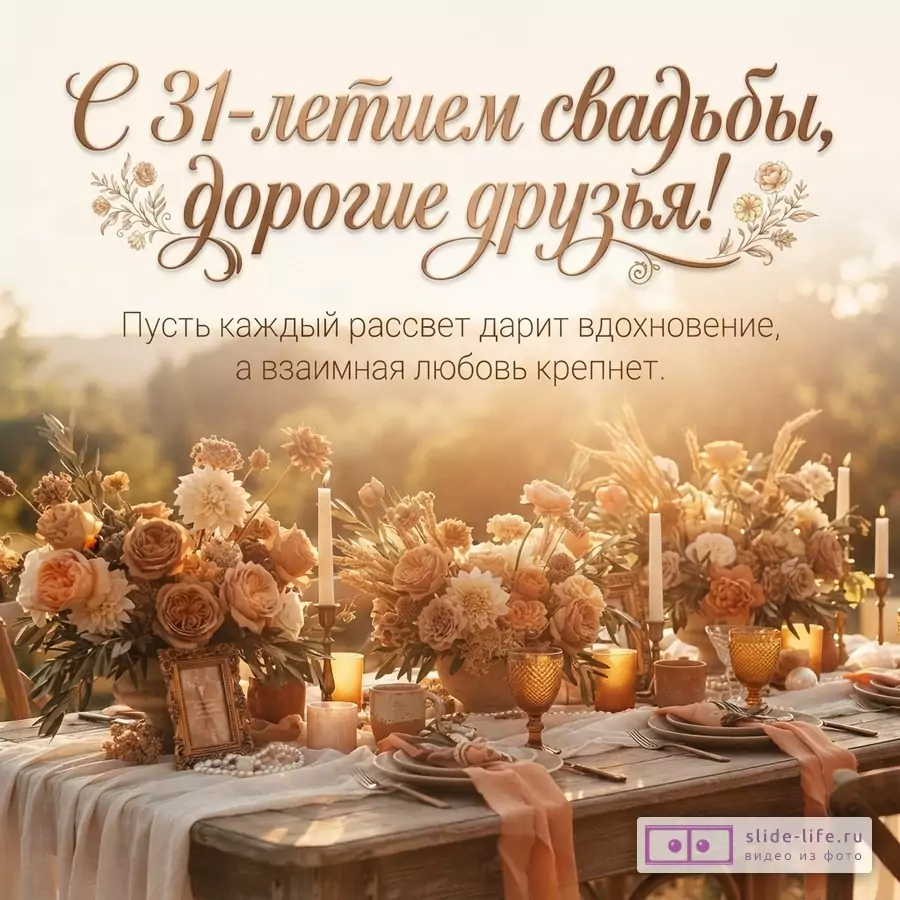 Бежево-золотая открытка с цветочными композициями, свечами и сервированным столом. Текст «С 31-летием свадьбы, дорогие друзья! Пусть каждый рассвет дарит вдохновение, а взаимная любовь крепнет.»