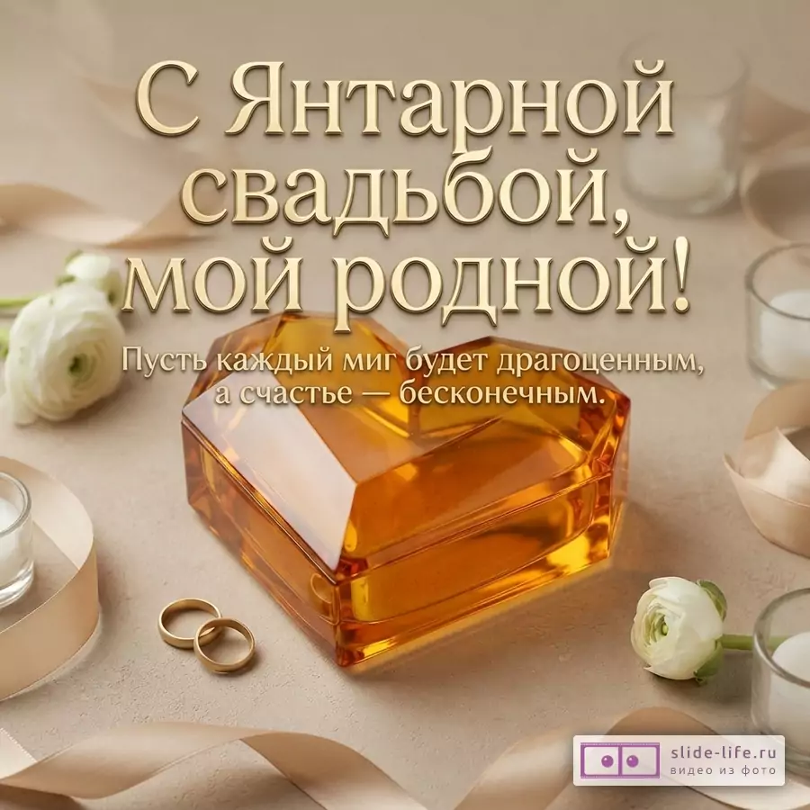 Бежевый фон, золотистая лента, белые цветы, две золотые обручальные кольца, янтарная шкатулка в форме сердца, свечи. Текст: «С Янтарной свадьбой, мой родной! Пусть каждый миг будет драгоценным, а счастье — бесконечным.»
