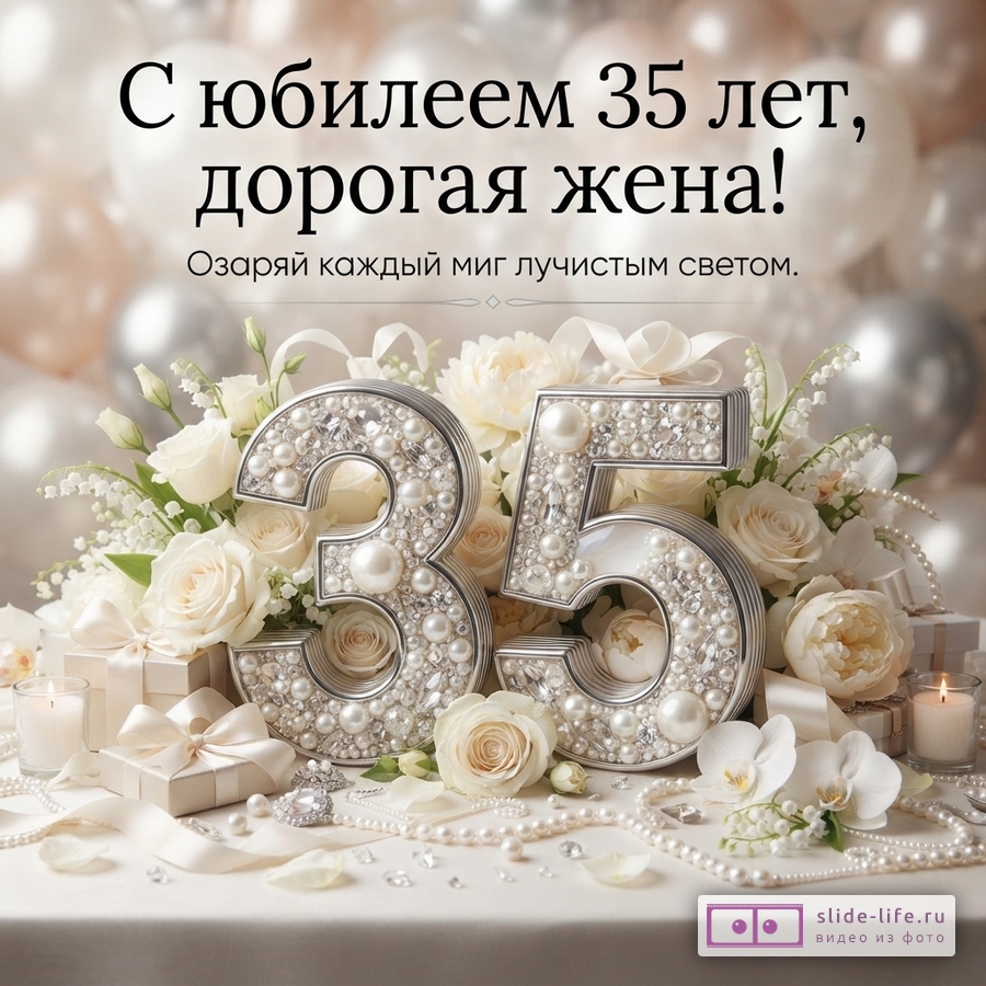 Открытка с юбилеем 35 лет жене. Фон из бежевых и серебристых шаров. В центре композиция из белых роз, ландышей, жемчужных бус и цифр «35», украшенных жемчугом и стразами. Свечи, подарки, лепестки роз.