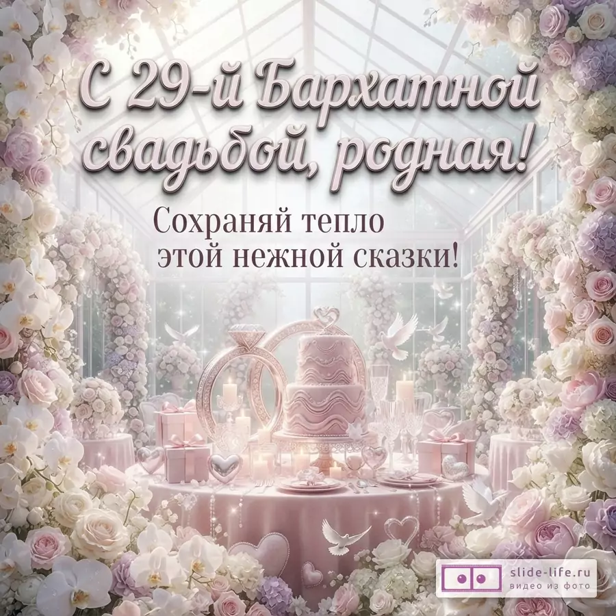 Открытка с розовым фоном, украшенная цветами и свадебным столом. Текст: «С 29-й Бархатной свадьбой, родная! Сохраняй тепло этой нежной сказки!»