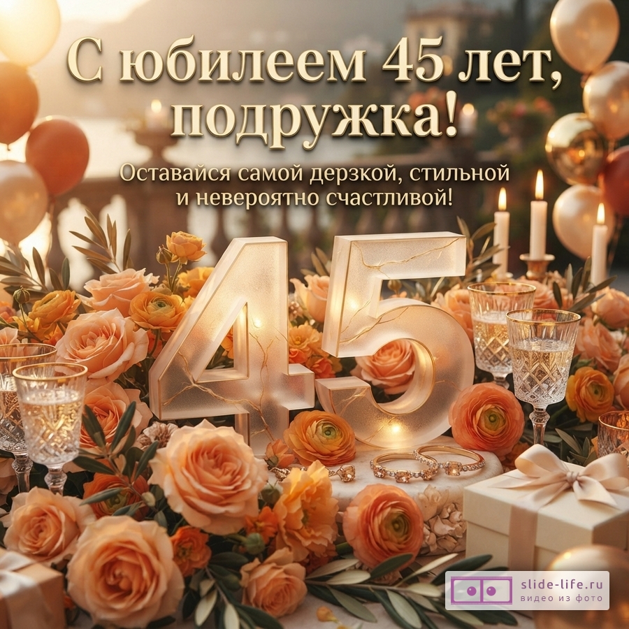 Открытка с бежевым фоном, золотистыми шарами, свечами и цветами персикового цвета. В центре крупные светящиеся цифры «45». Текст: «С юбилеем 45 лет, подружка! Оставайся самой дерзкой, стильной и невероятно счастливой!»