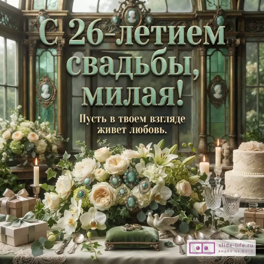 Зеленый фон, бело-кремовые цветы, свечи, свадебный торт и текст «С 26-летием свадьбы, милая! Пусть в твоем взгляде живет любовь.»