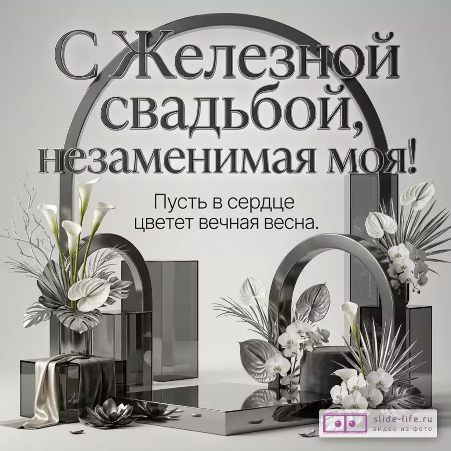 Серая и серебристая открытка с арками, белыми цветами, зелеными листьями и текстом «С Железной свадьбой, незаменимая моя! Пусть в сердце цветет негасимая весна.»