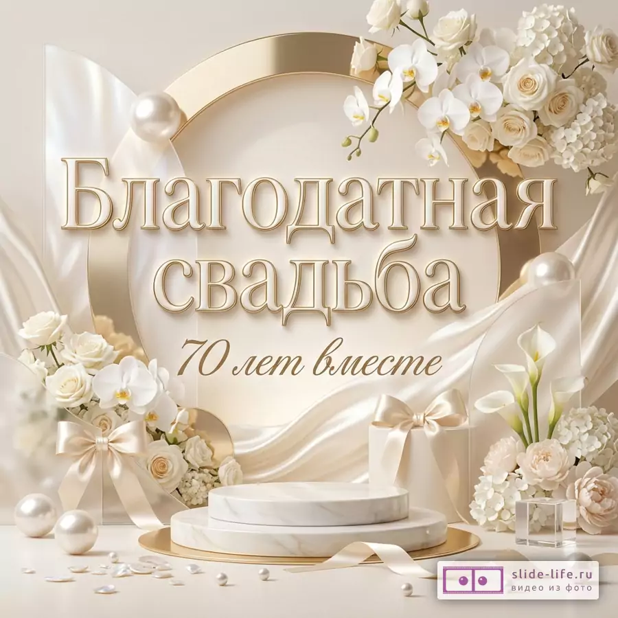 Белая и кремово-золотая открытка с цветами, орхидеями, розами, каллами, жемчугом, бантами и подиумом, текст «Благодатная свадьба» и «70 лет вместе»