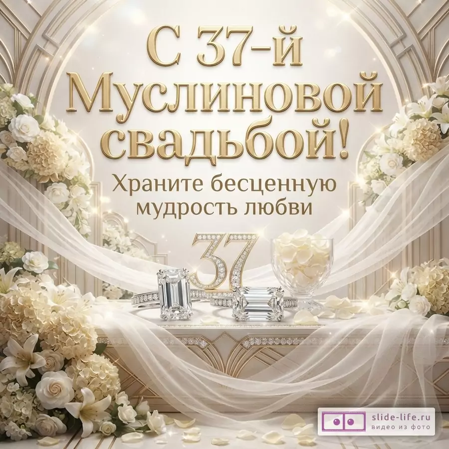 Открытка с бежевым фоном, золотыми буквами и цветами. Текст: «С 37-й Муслиновой свадьбой! Храните бесценную мудрость любви».