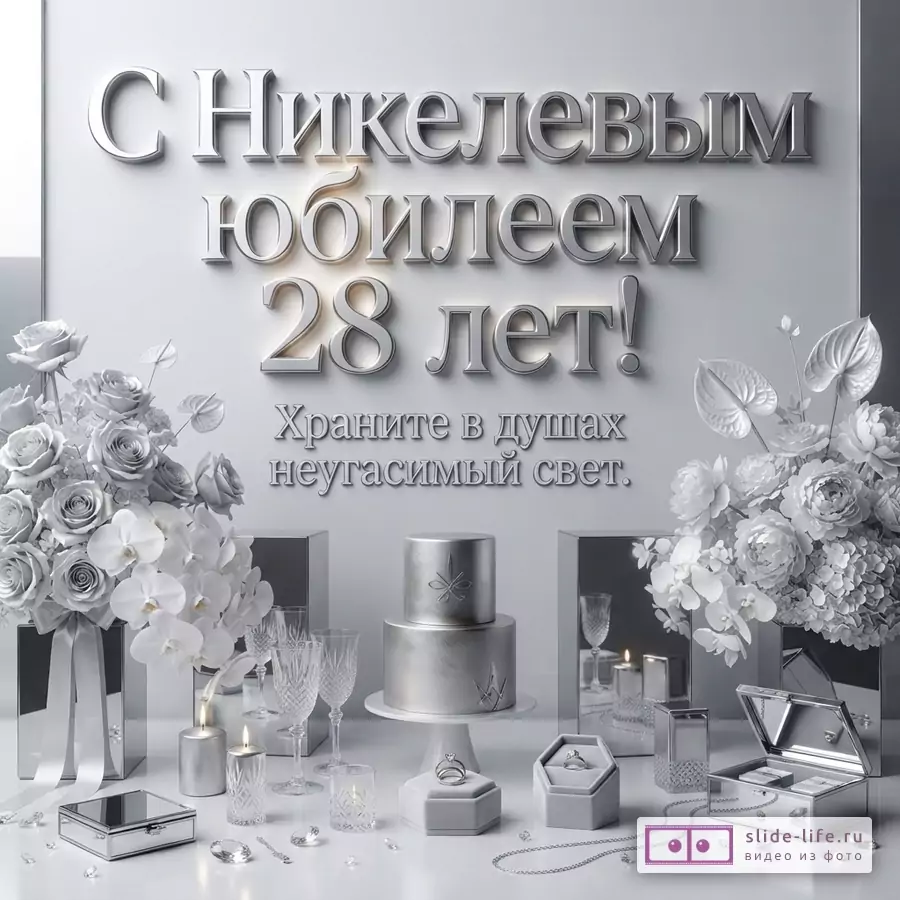 Белая открытка с объемными серебристыми буквами «С Никелевым юбилеем 28 лет! Храните в душах неугасимый свет.». На переднем плане серебристый двухъярусный торт, букеты белых цветов, свечи, бокалы, кольца и украшения.