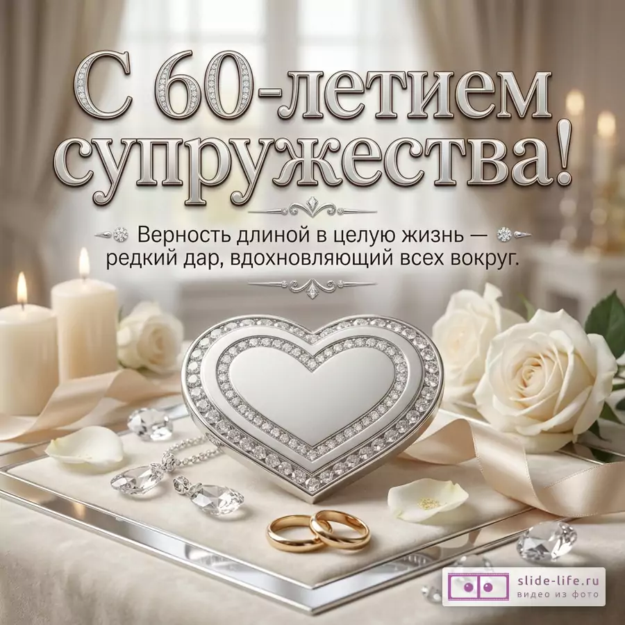 Бежевая открытка с белыми розами, свечами, золотыми кольцами, кристаллами и сердцем с камнями, текст «С 60-летием супружества! Верность длиной в целую жизнь — редкий дар, вдохновляющий всех вокруг.»