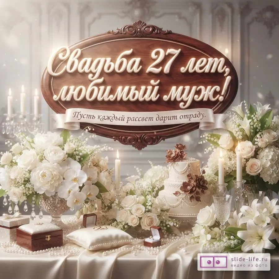 Деревянная табличка с надписью «Свадьба 27 лет, любимый муж! Пусть каждый рассвет дарит отраду.» на фоне праздничного стола с белыми цветами, свечами и тортом.
