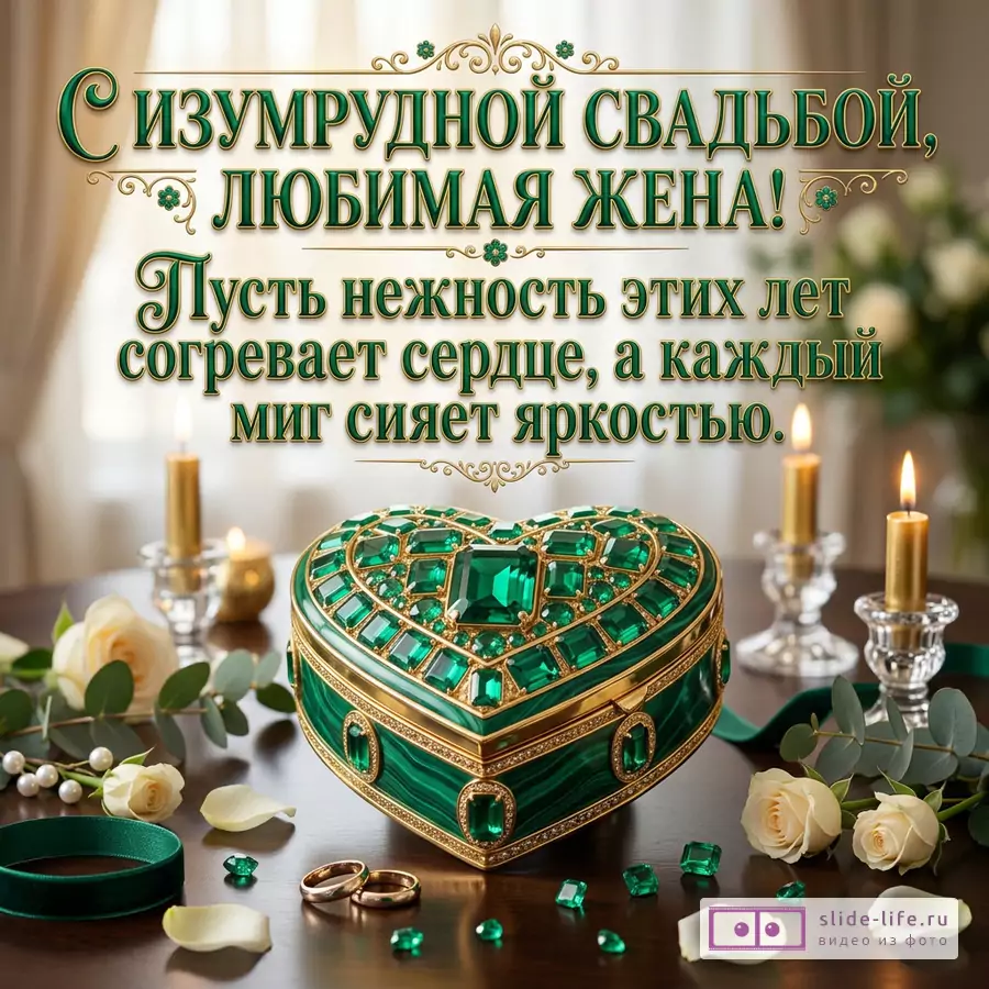 Открытка с текстом «С ИЗУМРУДНОЙ СВАДЬБОЙ, ЛЮБИМАЯ ЖЕНА! Пусть нежность этих лет согревает сердце, а каждый миг сияет яркостью.» бело-бежевый фон, зеленая шкатулка-сердце, свечи, белые розы, кольца, изумруды, зеленая лента