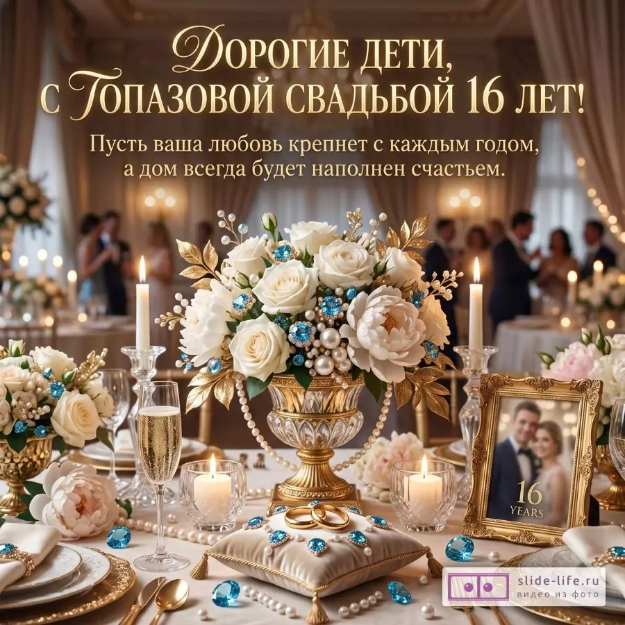 Бежево-золотой праздничный зал, букет белых роз, свечи, бокалы, кольца, рамка с фото. Текст: «Дорогие дети, с Топазовой свадьбой 16 лет! Пусть ваша любовь крепнет с каждым годом, а дом всегда будет наполнен счастьем.»