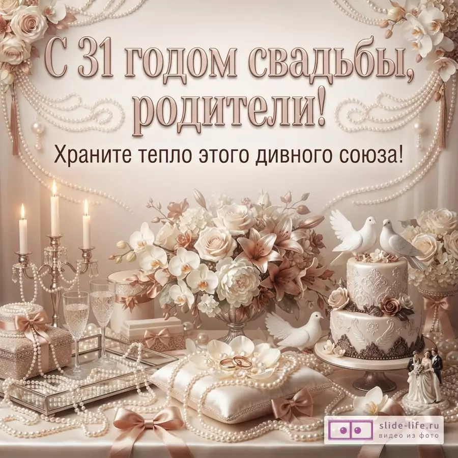 Пастельная открытка с бежево-розовым фоном, жемчужными гирляндами, цветами, свечами, тортом и текстом «С 31 годом свадьбы, родители! Храните тепло этого дивного союза!»