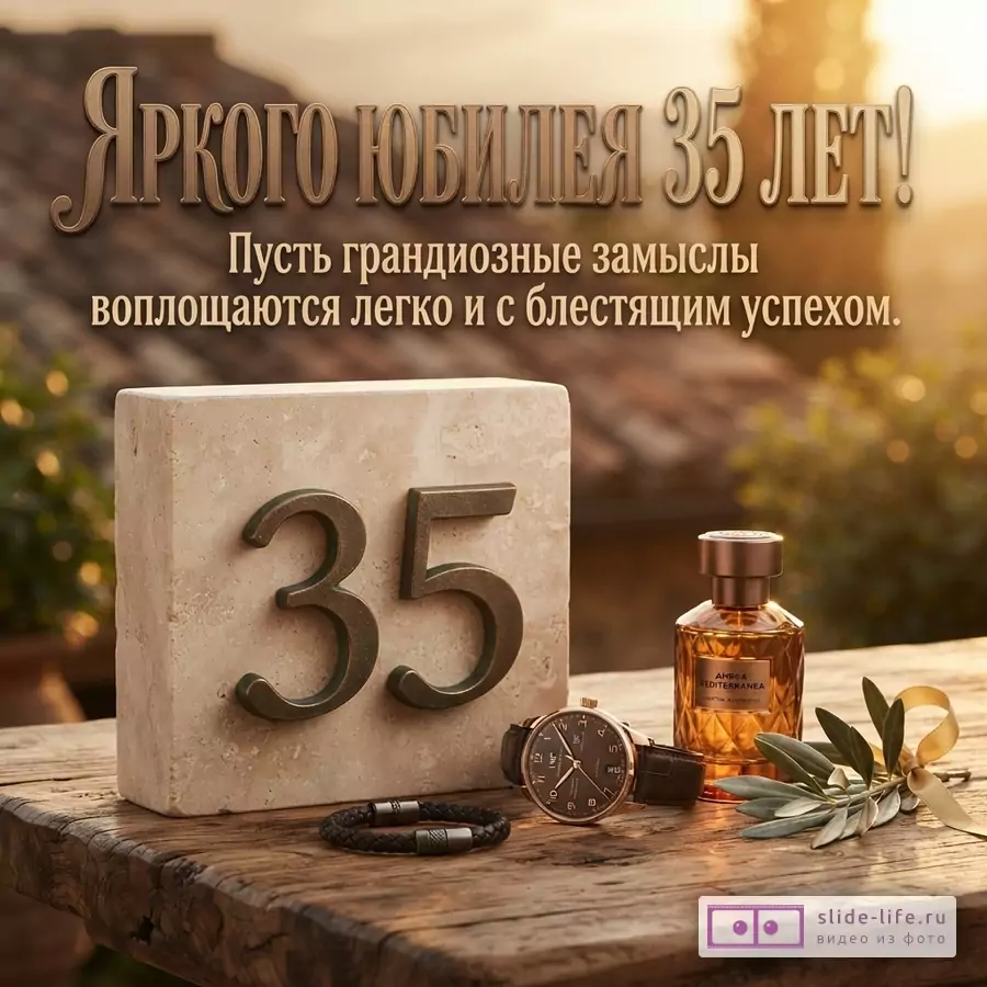 Каменный блок с цифрой 35, наручные часы, браслет и флакон парфюма на деревянном столе с надписью «Яркого юбилея 35 лет! Пусть грандиозные замыслы воплощаются легко и с блестящим успехом.»