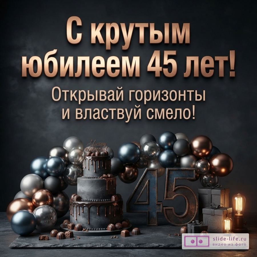 Темно-серый фон, золотые буквы, текст «С крутым юбилеем 45 лет! Открывай горизонты и властвуй смело!». Внизу торт, шары, цифры 45, подарки, лампы.
