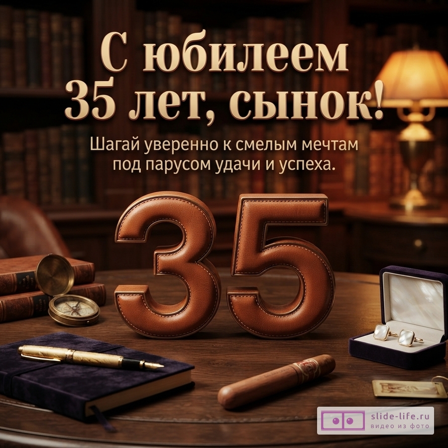 Объемная кожаная цифра 35 на деревянном столе в кабинете с книгами, ручкой и запонками, надпись «С юбилеем 35 лет, сынок! Шагай уверенно к смелым мечтам под парусом удачи и успеха.»