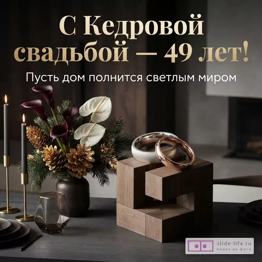 Темный фон, золотой текст, белые буквы. Текст: «С Кедровой свадьбой — 49 лет! Пусть дом полнится светлым миром».
