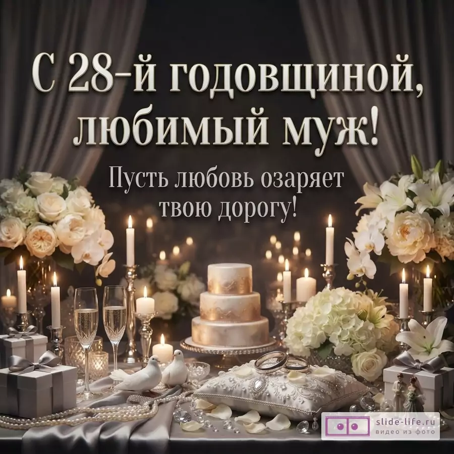 Открытка с темным фоном, белыми цветами, свечами, тортом и подарками. Текст: «С 28-й годовщиной, любимый муж! Пусть любовь озаряет твою дорогу!»