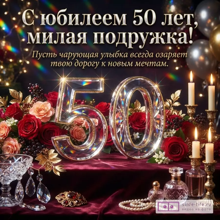 Темный фон, золотые и красные розы, хрустальные цифры 50, свечи, бусы. Текст: «С юбилеем 50 лет, милая подружка! Пусть чарующая улыбка всегда озаряет твою дорогу к новым мечтам.»