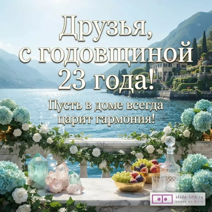 Открытка с текстом «Друзья, с годовщиной 23 года! Пусть в доме всегда царит гармония!», видом на озеро и горы, голубыми гортензиями, белыми розами, кристаллами, фруктами и графином.